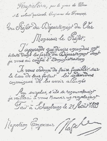 Instruction impériale du 21 août 1809 au préfet du Var.