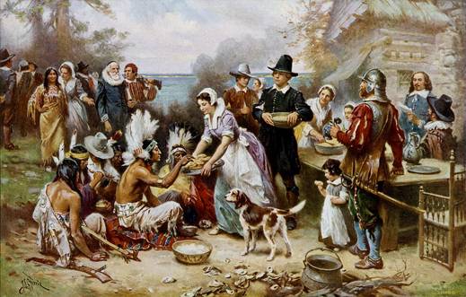 Le premier Thanksgiving, peinture de Jean Leon Gerome Ferris (1863-1930).