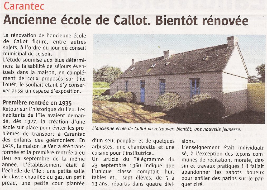 Île Callot. Projet de rénovation de l'ancienne école. © Le Télégramme. Jeu 19.05.2016.