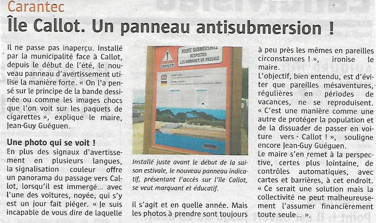 Île Callot. Un panneau antisubmersion ! © Le Télégramme.